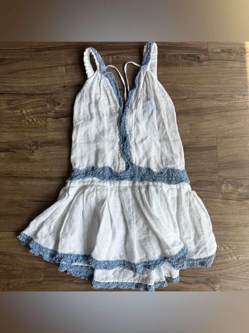 A mere co. resort mini linen drop waist dress blue embroidered detail size S